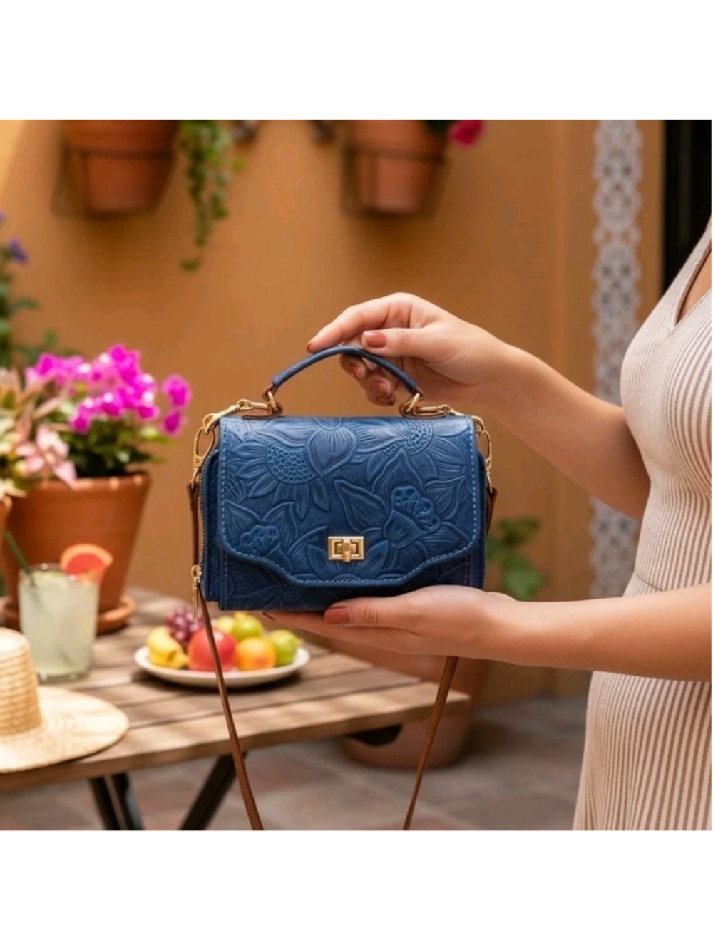 Deep Ocean Blue Sunflower Embossed Tooled Artisan LEATHER Crossbody Purse Wallet